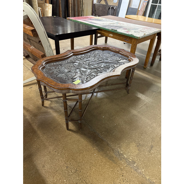 Copper and wooden table w/glass top