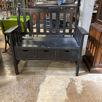 Black wooden bench with mall pullouts for storage