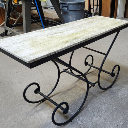 Italian Travertine Stone and Iron Scroll Console Table