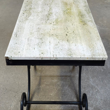 Italian Travertine Stone and Iron Scroll Console Table