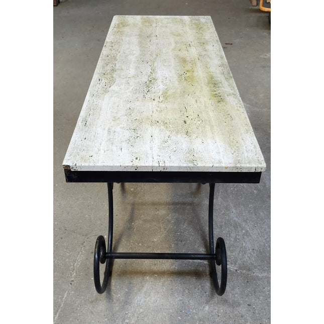 Italian Travertine Stone and Iron Scroll Console Table