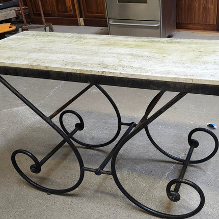 Italian Travertine Stone and Iron Scroll Console Table