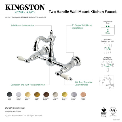 Kingston Brass Double-Handle 2-Hole Wall-Mount Bridge Kitchen Faucet, Polished Chrome
